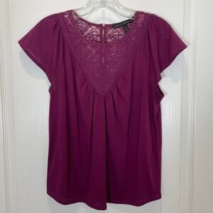 White House Black Market Lace Yoke‎ Top Purple Flutter Short Sleeves S